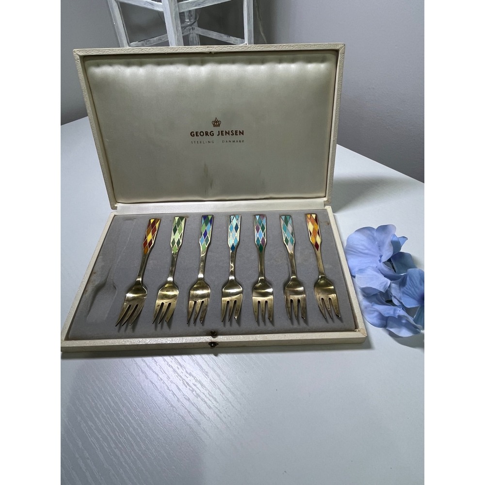 Vintage‎ Georg Jensen Sterling Silver Enamel Harlequin Dessert 7 Forks Denmark